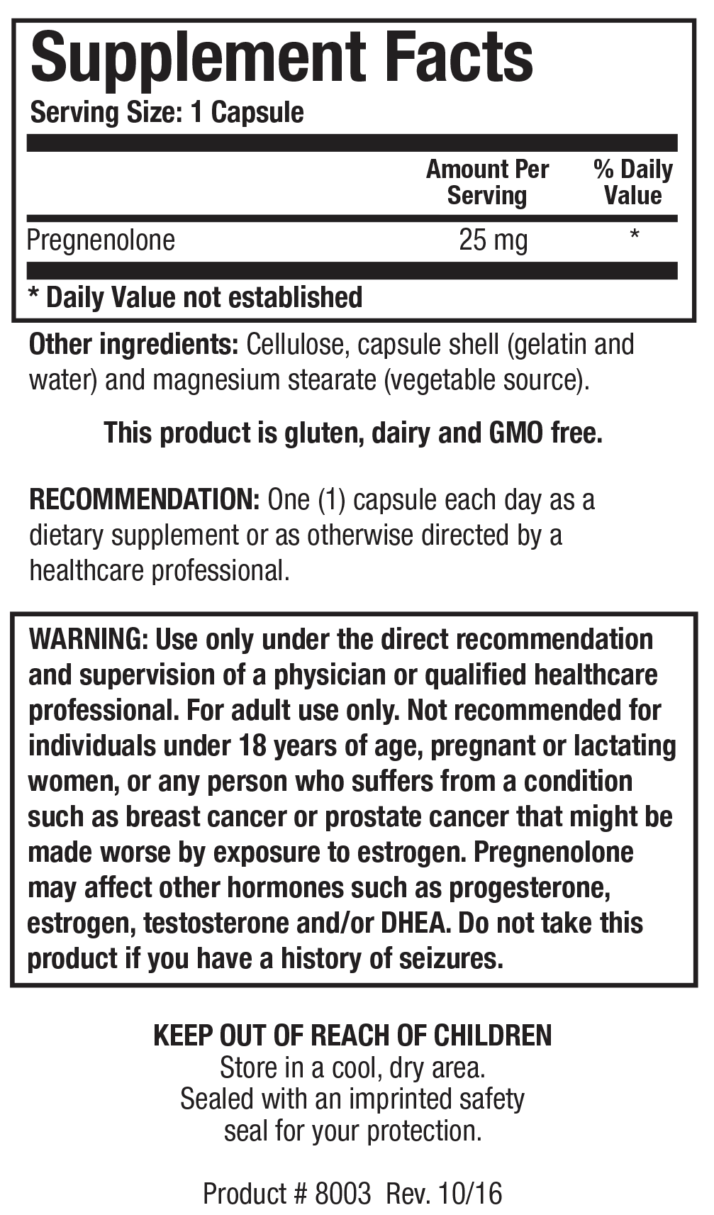 Pregnenolone 25mg - Supplement Facts